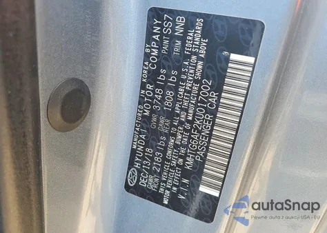 2019 Hyundai Veloster Base z USA, uszkodzony, nr VIN KMHTG6AF2KU017002